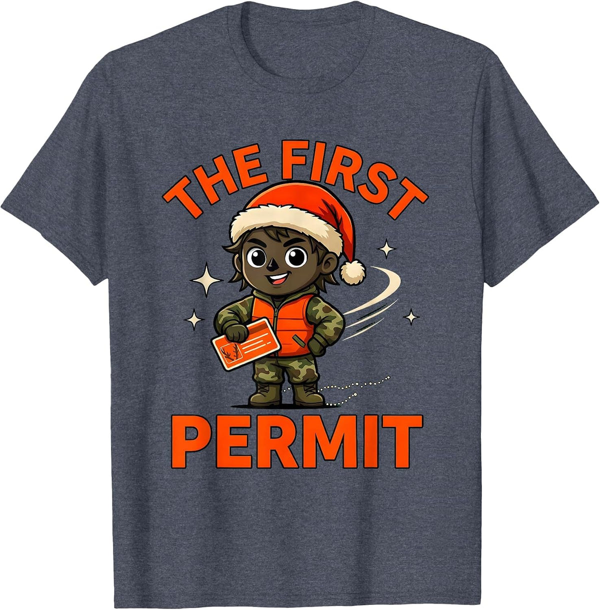 THE FIRST PERMIT Funny Deer Hunter Christmas Cartoon T-Shirt - Heather Blue