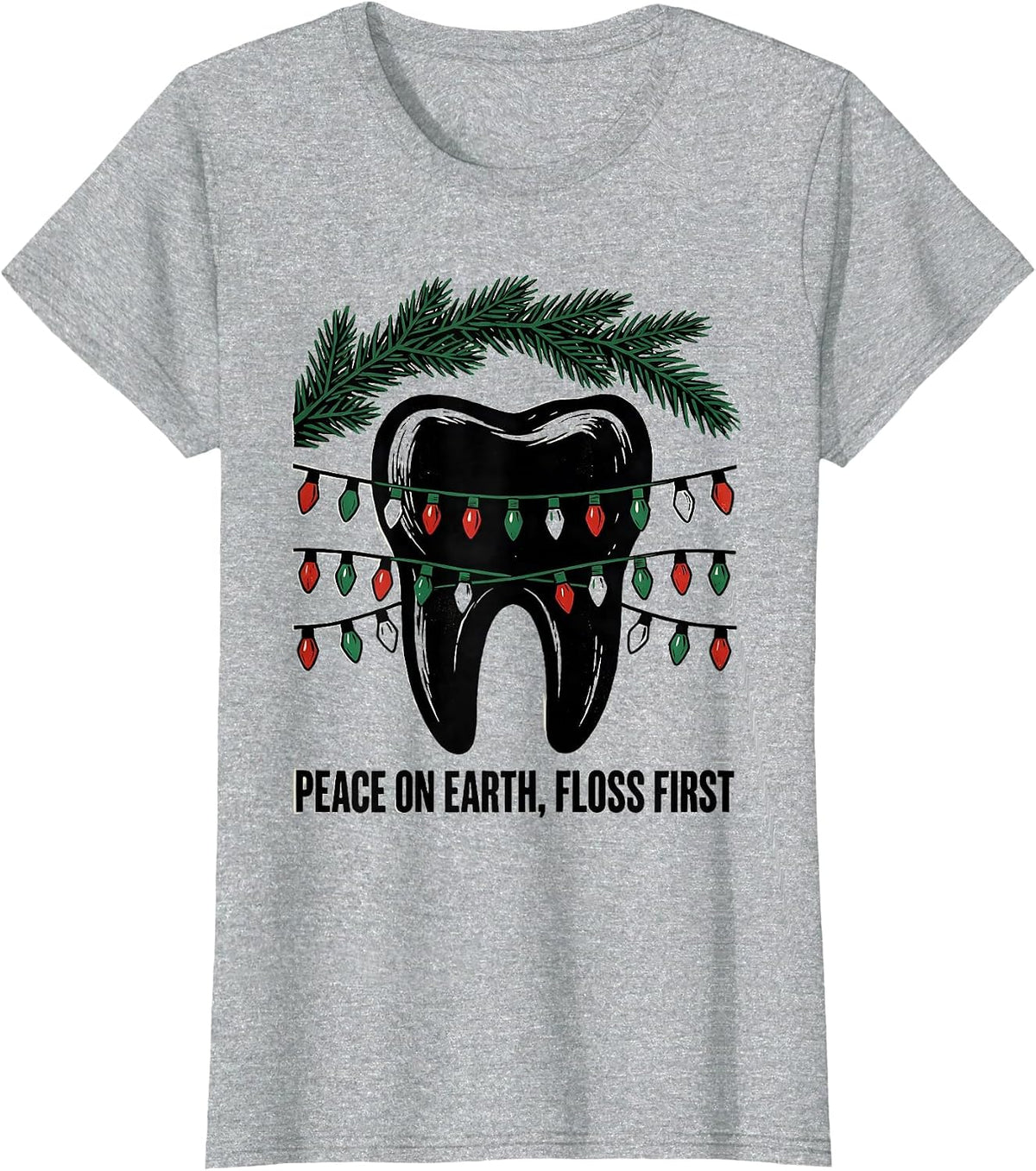 Peace on Earth Floss First Funny Dentist Christmas Dental T-Shirt - Heather Grey