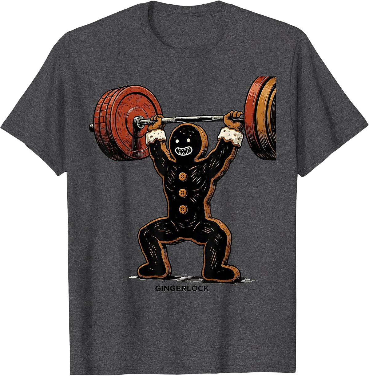 Men's Gingerlock Linocut Gingerbread Man Gym Weightlifting T-Shirt - Dark Heather Grey