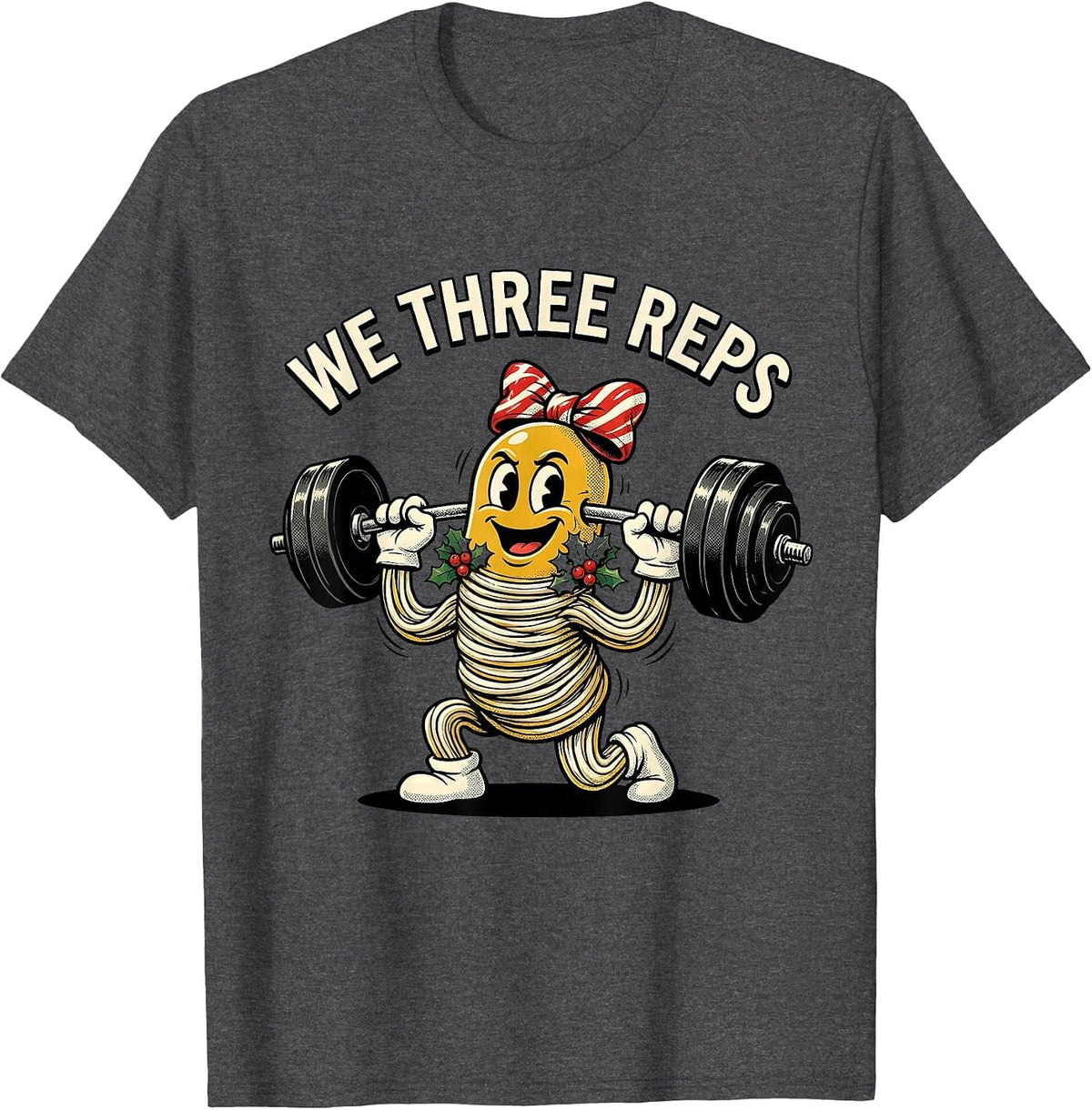 We Three Reps Retro Cartoon Christmas Gym Workout Humor T-Shirt - Dark Heather Grey
