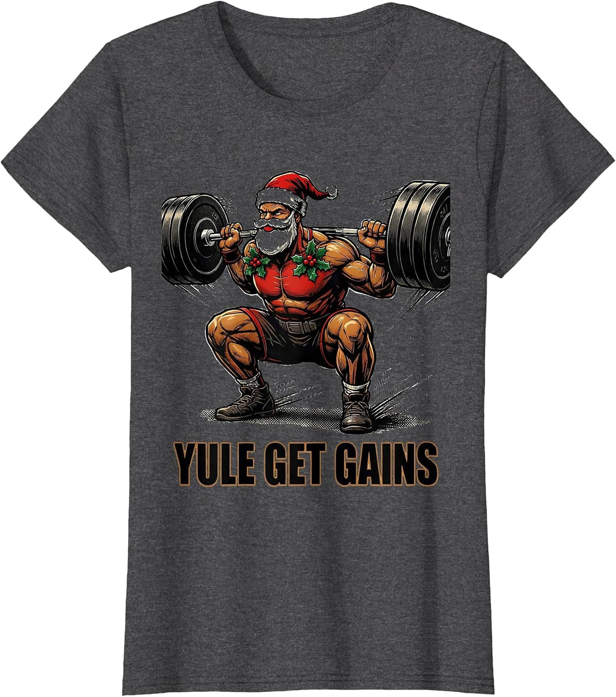 Women's Yule Get Gains Funny Christmas Gym Workout Weightlifting T-Shirt - Dark Heather Grey