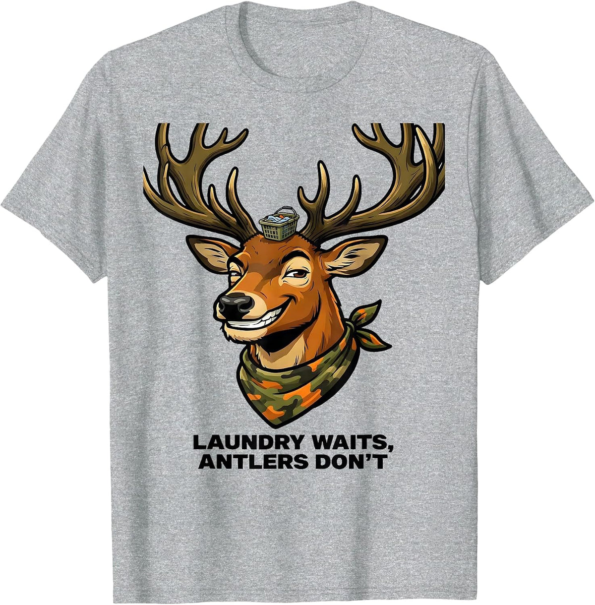 Men's Laundry Waits, Antlers Don't Funny Cartoon Deer Hunting Camo T-Shirt - Heather Grey