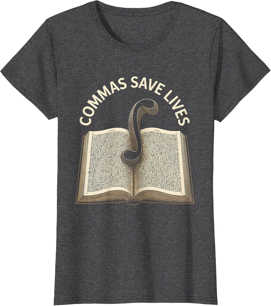 Women's Commas Save Lives English Teacher Design T-Shirt - Dark Heather Grey