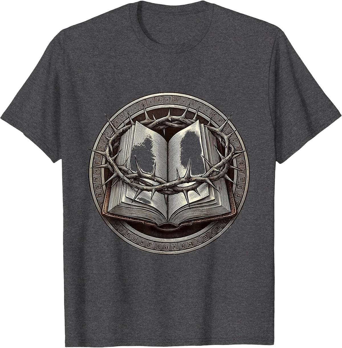 Crown of Thorns on Open Bible Christian Graphic T-Shirt - Dark Heather Grey