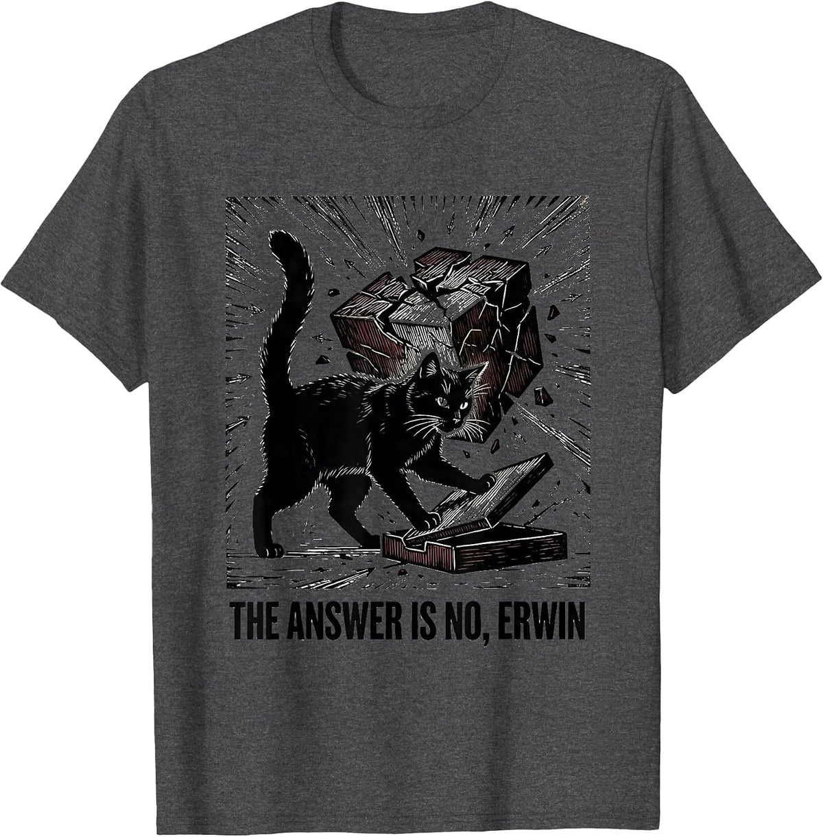Men's The Answer Is No Erwin Linocut Quantum Physics Humor Science T-Shirt - Dark Heather Grey