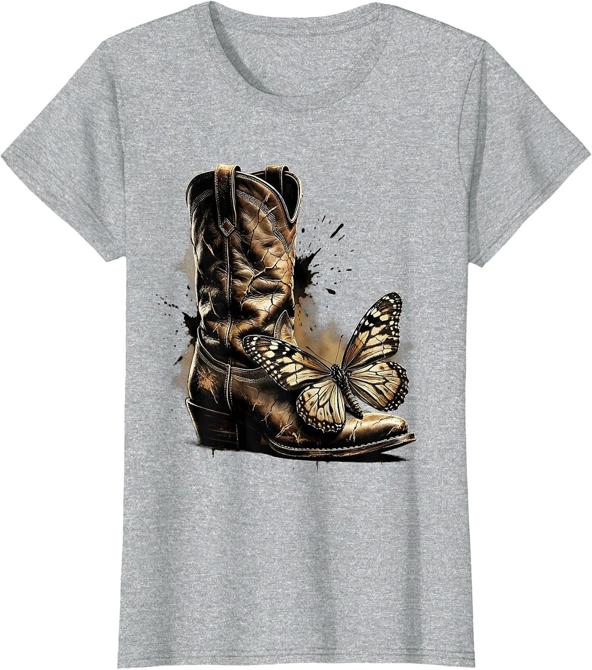 Women's Cowgirl Boot Butterfly Nature Western Graphic T-Shirt - Heather Grey