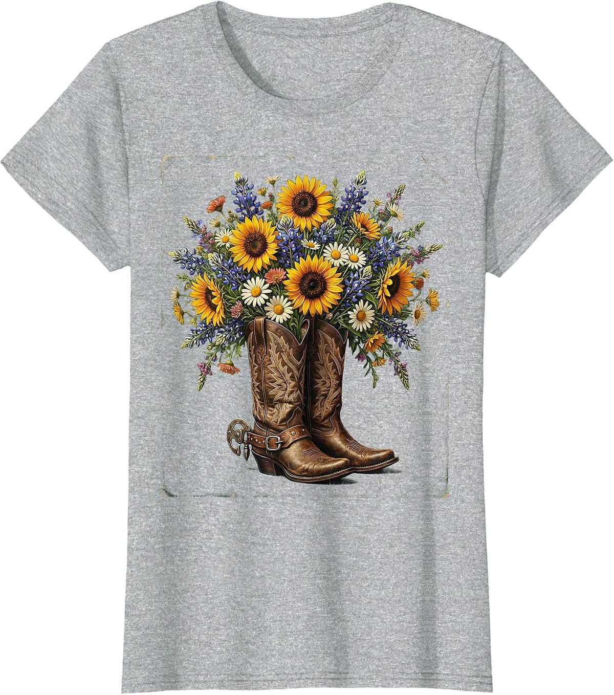 Women's Cowgirl Boots Wildflowers Western Illustration T-Shirt - Heather Grey