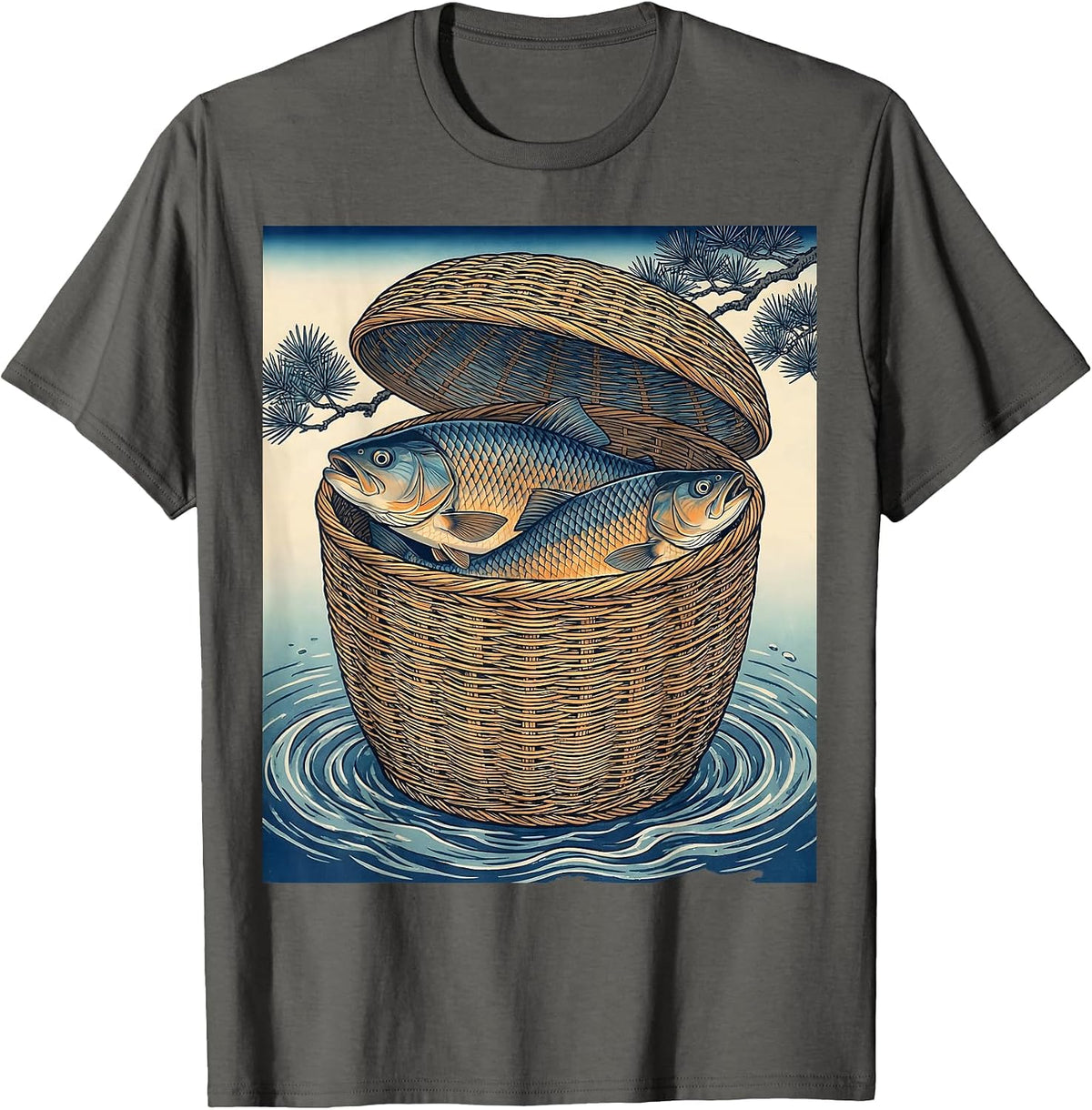 Fishing Creel Basket with Trout Illustration T-Shirt - Asphalt Grey