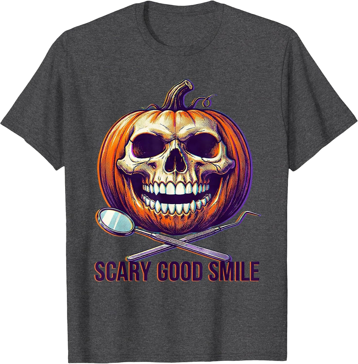 Men's Scary Good Smile Halloween Dental Design T-Shirt - Dark Heather Grey