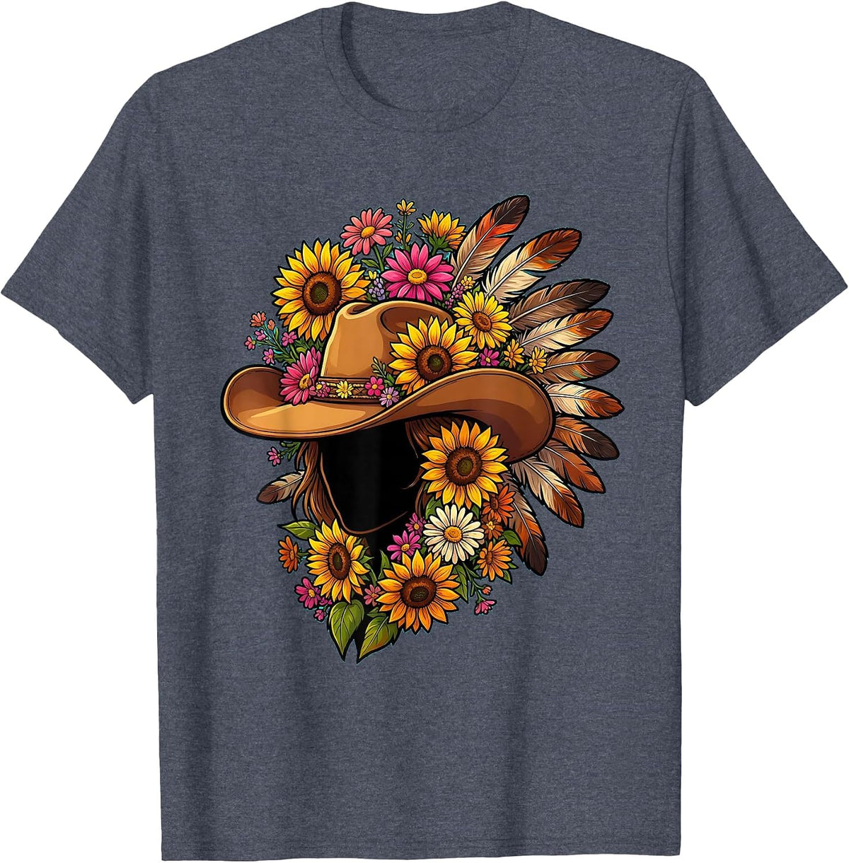 Wildflower Cowgirl Hat Western Boho Illustration T-Shirt - Heather Blue