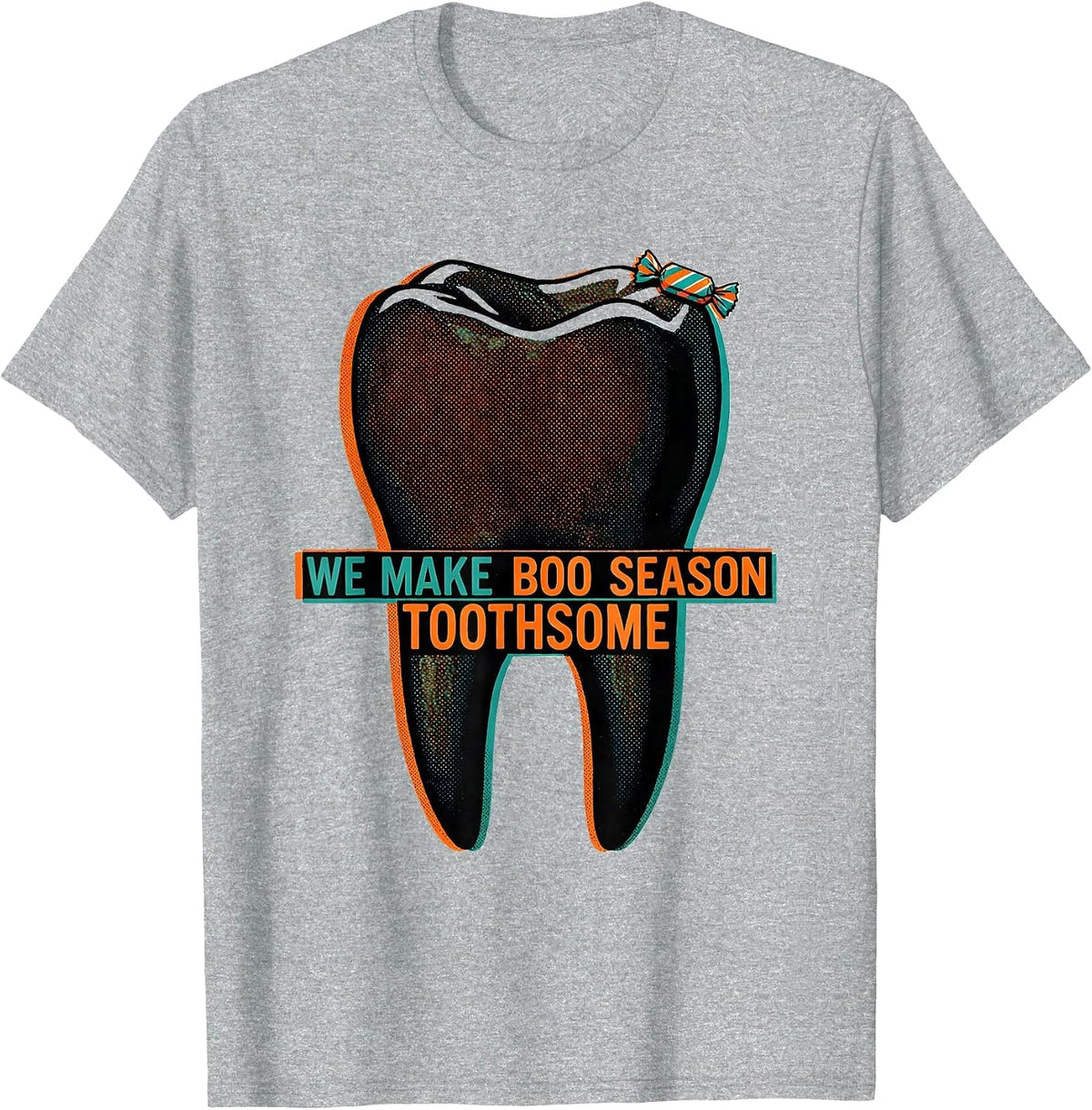 Men's We Make Boo Season Toothsome Risograph Dental Squad T-Shirt - Heather Grey