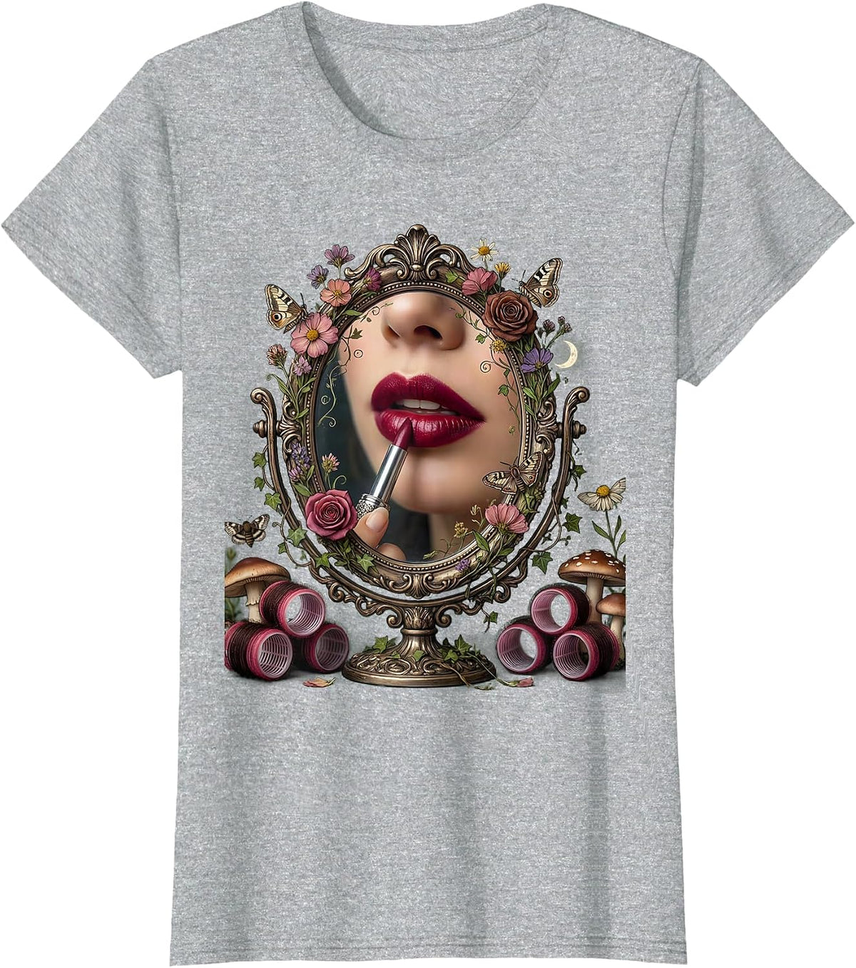 Women's Mimi Glam Rollers Lipstick Illustration T-Shirt - Heather Grey