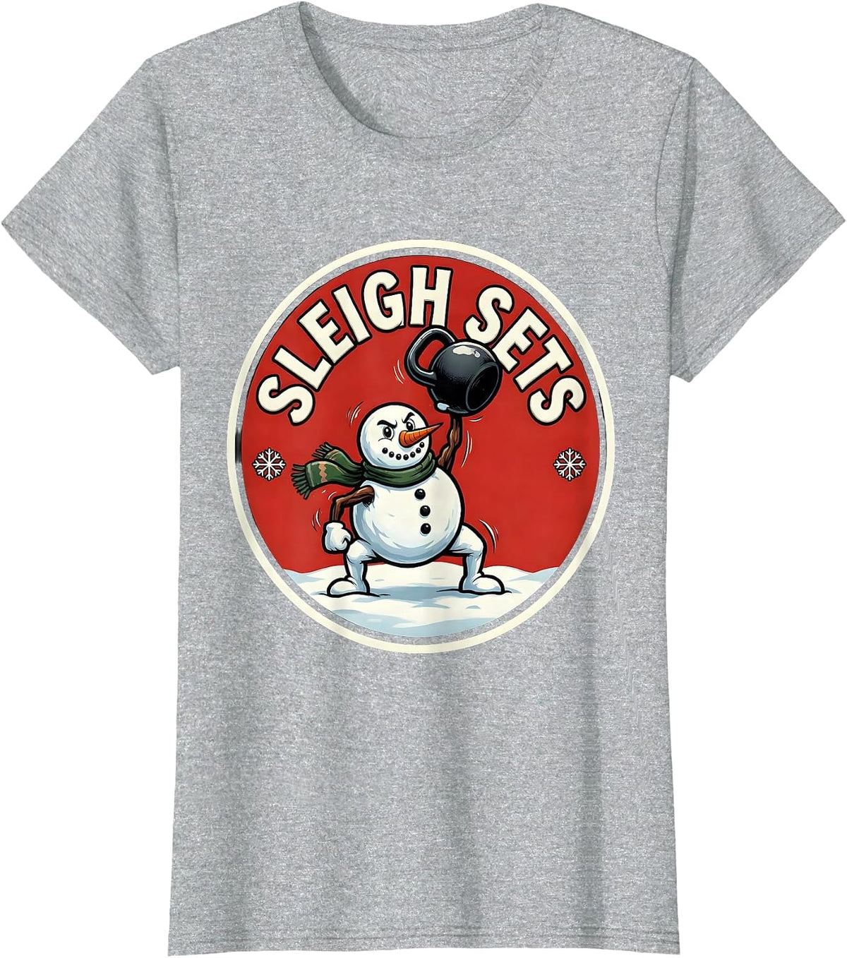 Women's Sleigh Sets Cartoon Christmas Weightlifting Gym Humor T-Shirt - Heather Grey