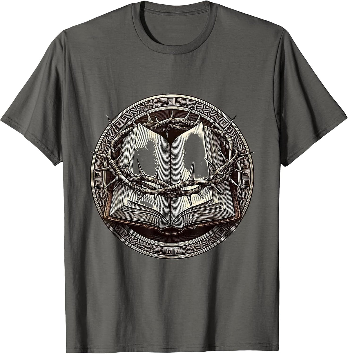 Crown of Thorns on Open Bible Christian Graphic T-Shirt - Asphalt Grey