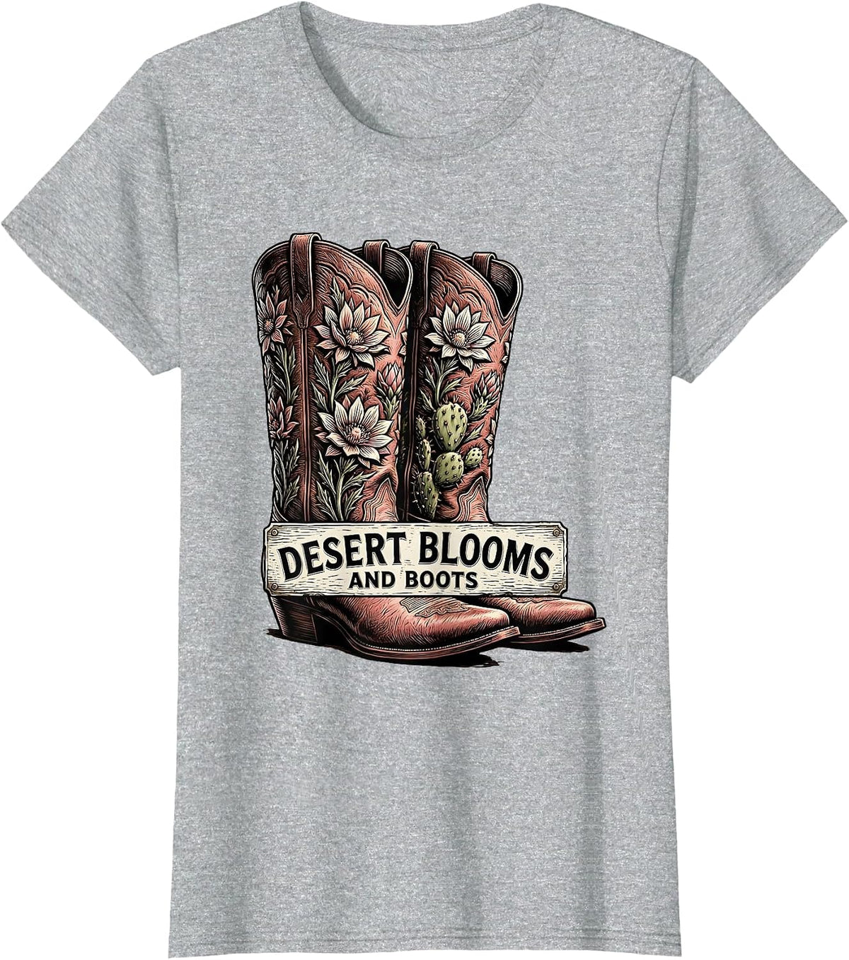 Desert Blooms and Boots Western Nature Design T-Shirt - Heather Grey