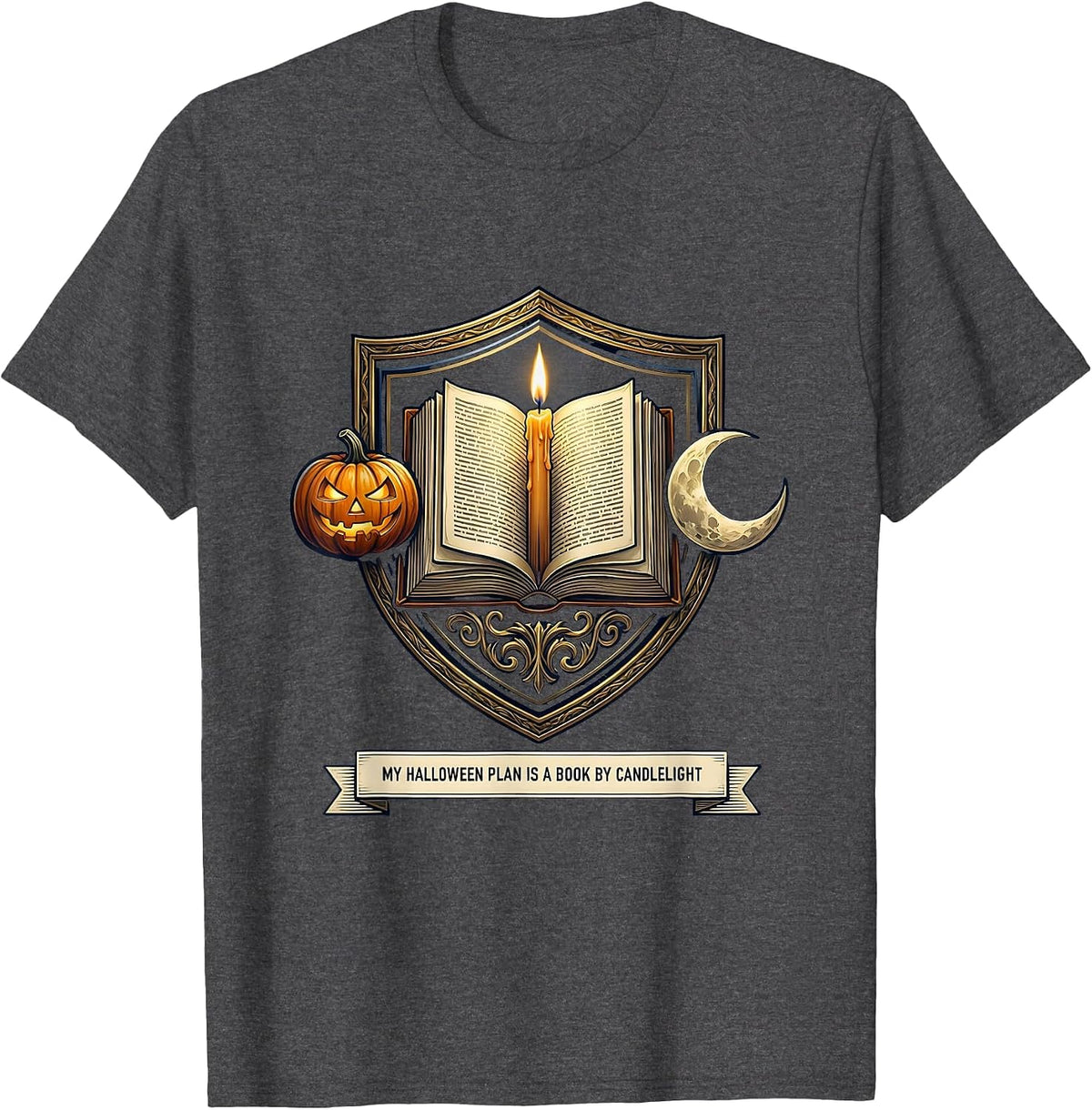 My Halloween Plan Is A Book By Candlelight Bookworm T-Shirt - Dark Heather Grey