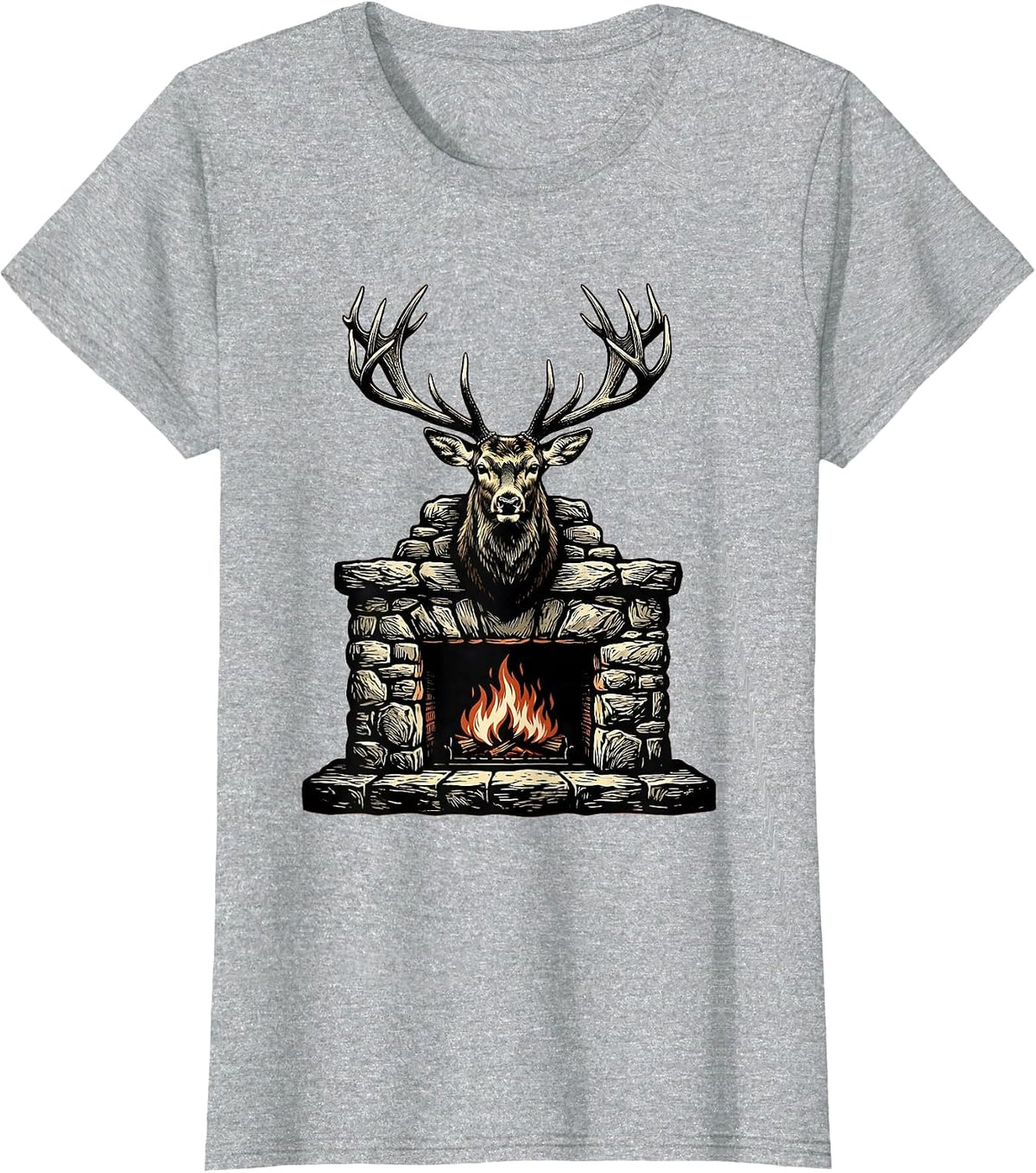Deer Mount Stone Fireplace Hunting Graphic T-Shirt - Heather Grey