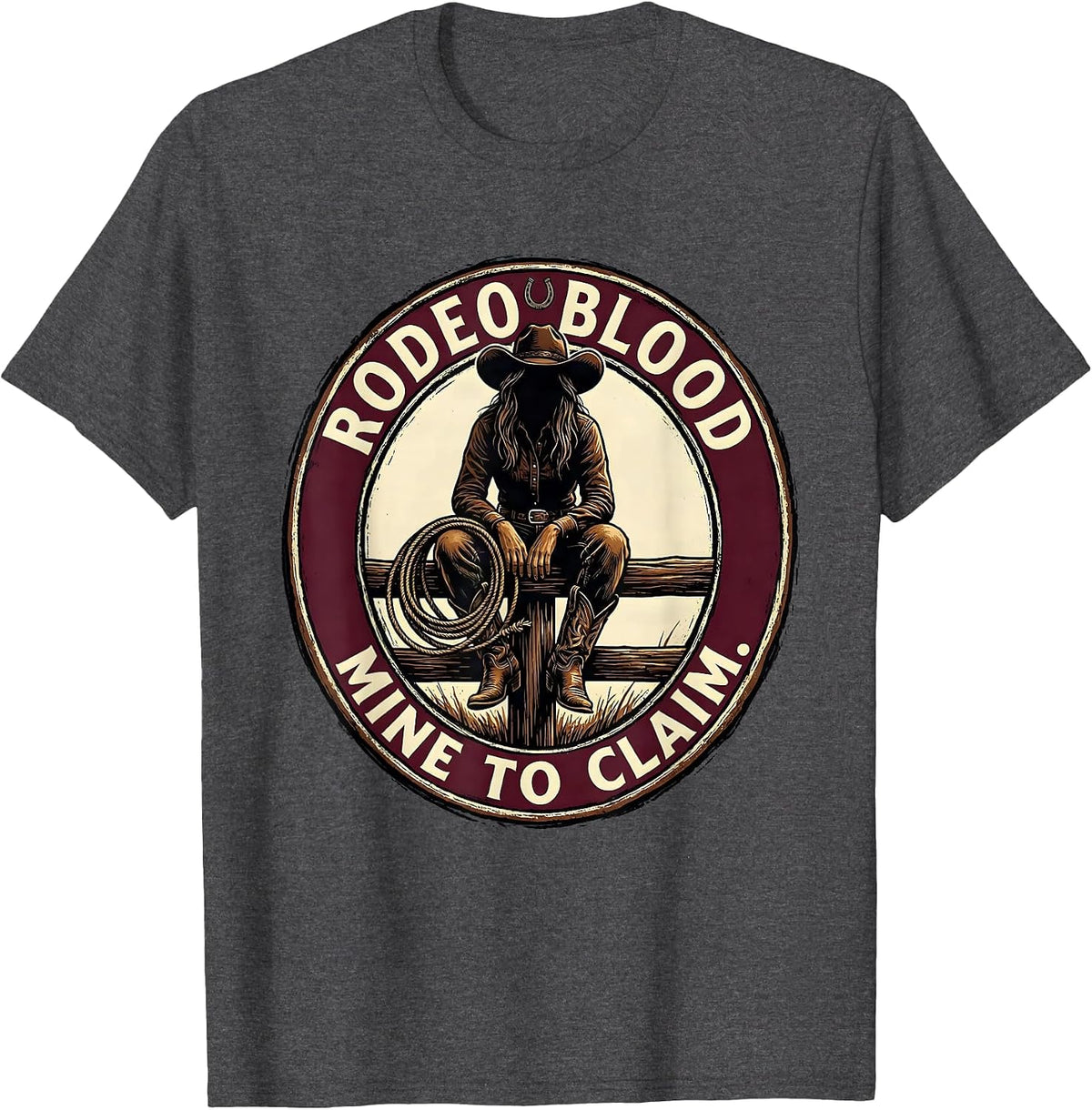 Rodeo Blood Mine To Claim Western Cowgirl Black Pride Emblem T-Shirt - Dark Heather Grey