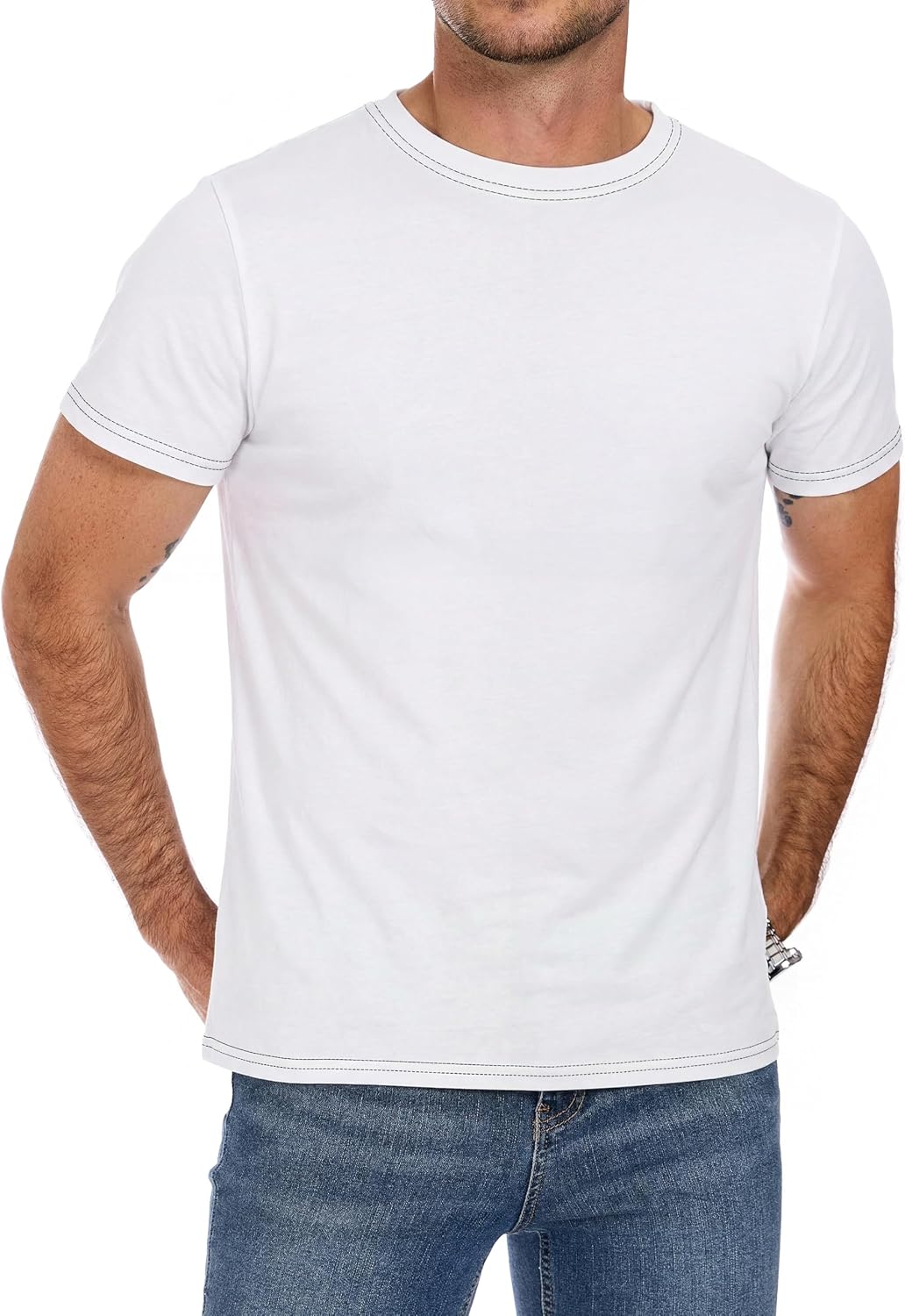 Mens Cotton Short Sleeve Crewneck T-Shirt Gym Workout Athletic Tee Shirt Top - Pure White