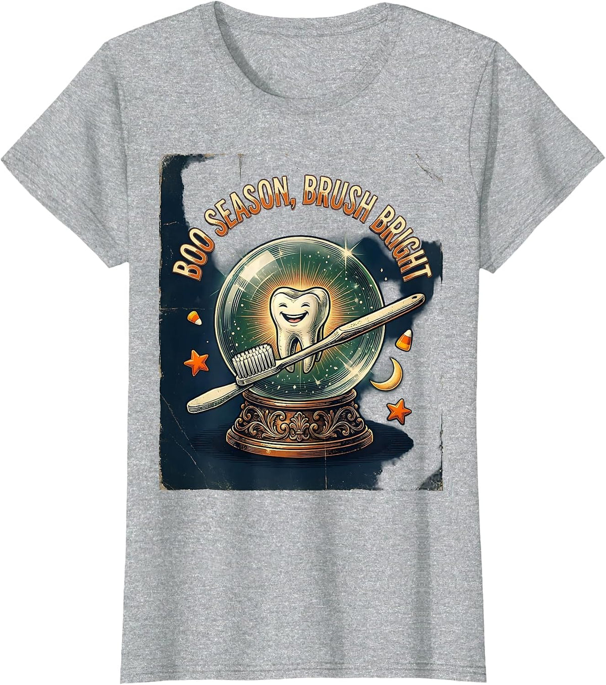 Boo Season Brush Bright Vintage Halloween Dentist Dental T-Shirt - Heather Grey