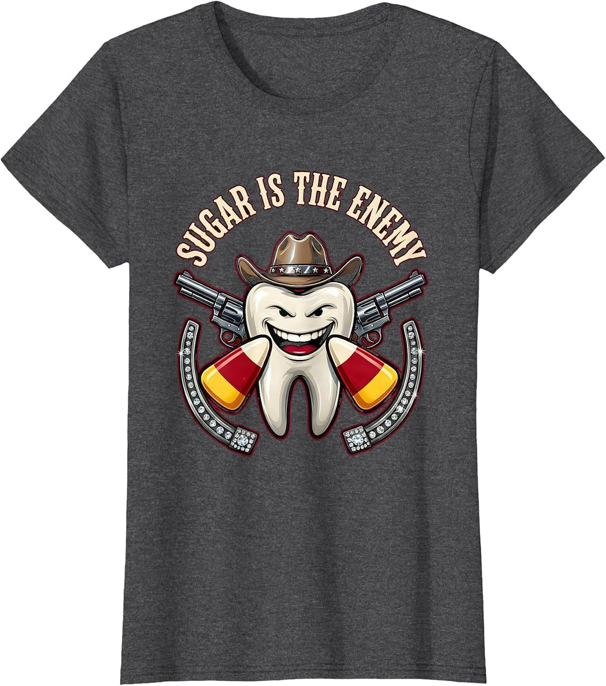 Women's Sugar Is The Enemy Dental Halloween Design T-Shirt - Dark Heather Grey