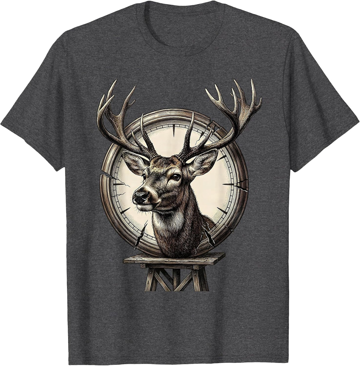 Antlered Buck Head Breaking Clock Camo Deer Hunting Dad T-Shirt - Dark Heather Grey