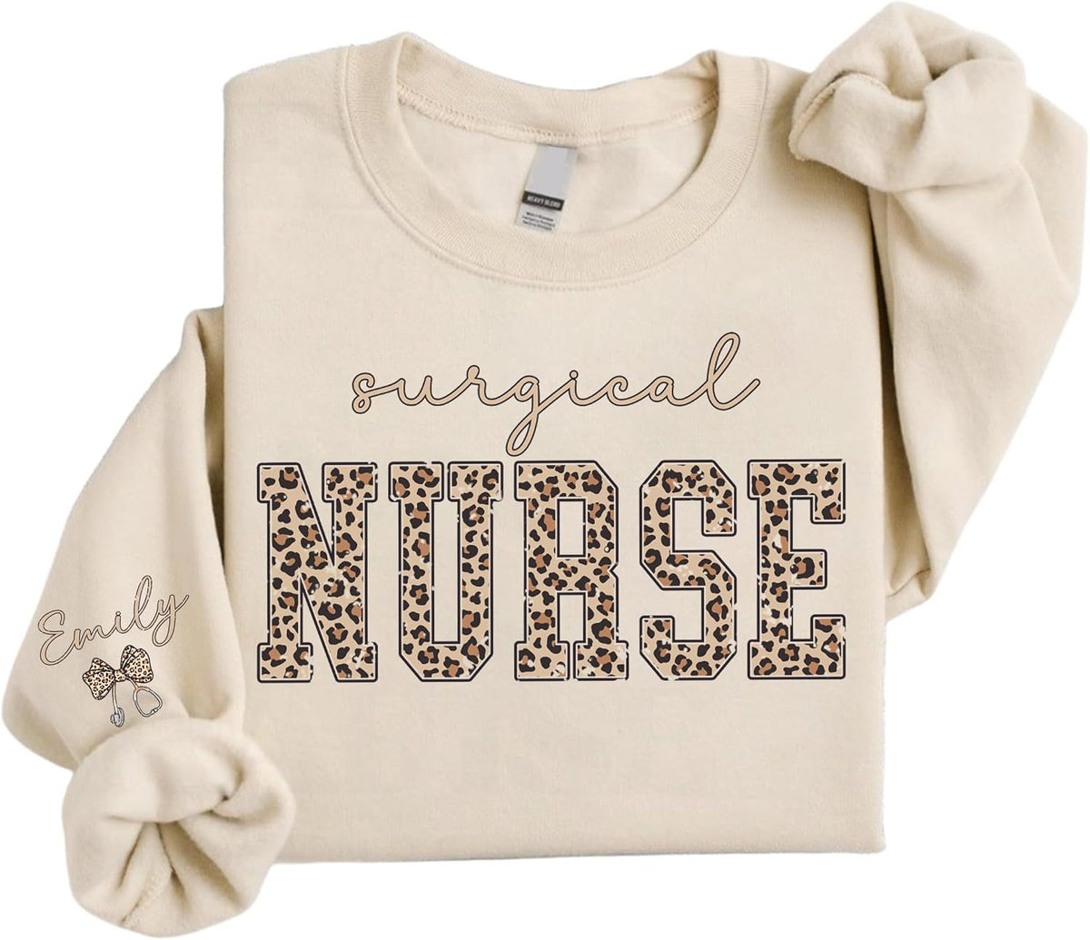 Personalized Nurse Sweatshirt, Custom Leopard Print Comfort Colors Crewneck, Retro Varsity Medical Staff Top - Surgical Nurse