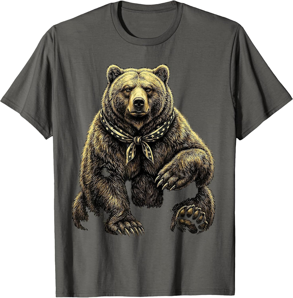 Patriotic Grizzly Bear Stars and Stripes Bandana T-Shirt - Asphalt Grey
