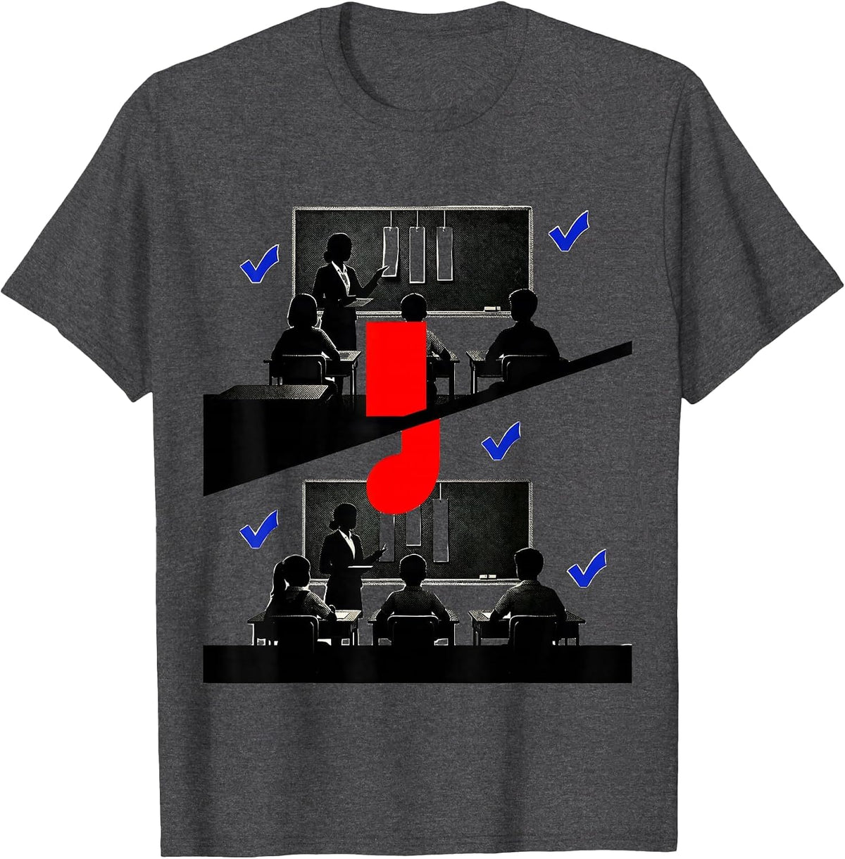 Men's Stacked Classroom Comma Hinge Funny Grammar Teacher Humor T-Shirt - Dark Heather Grey
