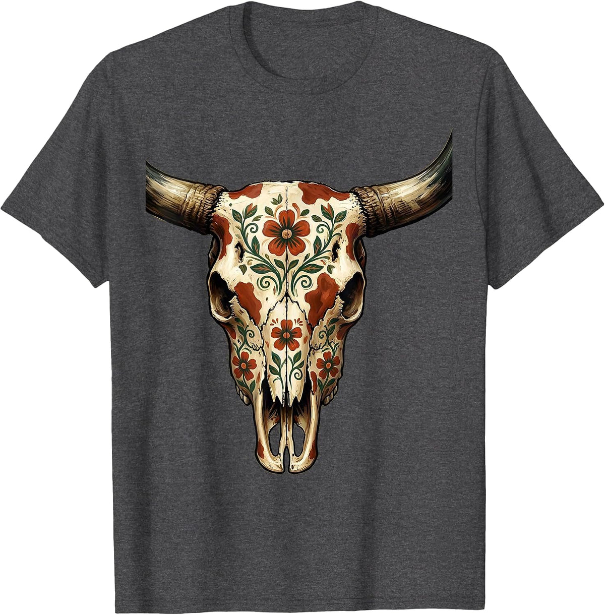 Longhorn Skull Floral Cow Print Boho Western T-Shirt - Dark Heather Grey