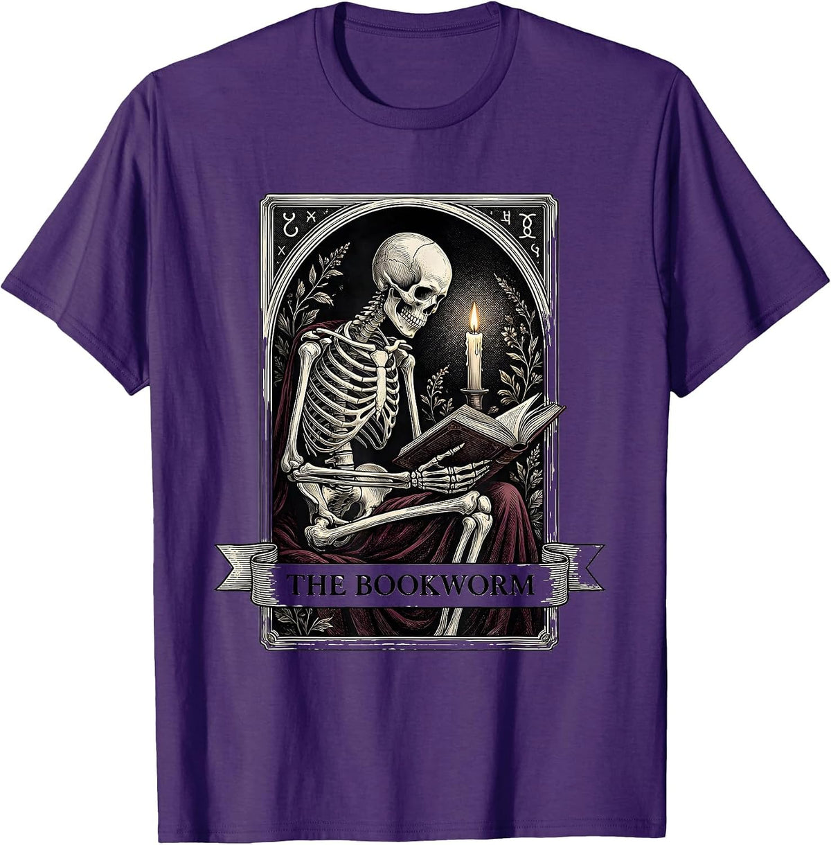 Men's The Bookworm Gothic Dark Academia Skeleton Tarot Book Lover T-Shirt - Purple