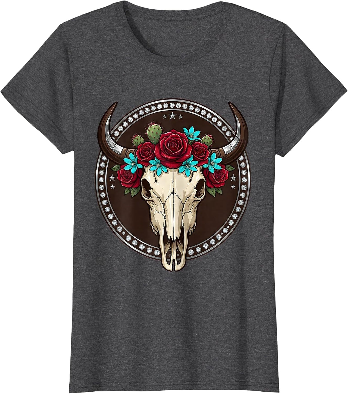 Women's Buffalo Skull Desert Flowers Western Boho Graphic T-Shirt - Dark Heather Grey