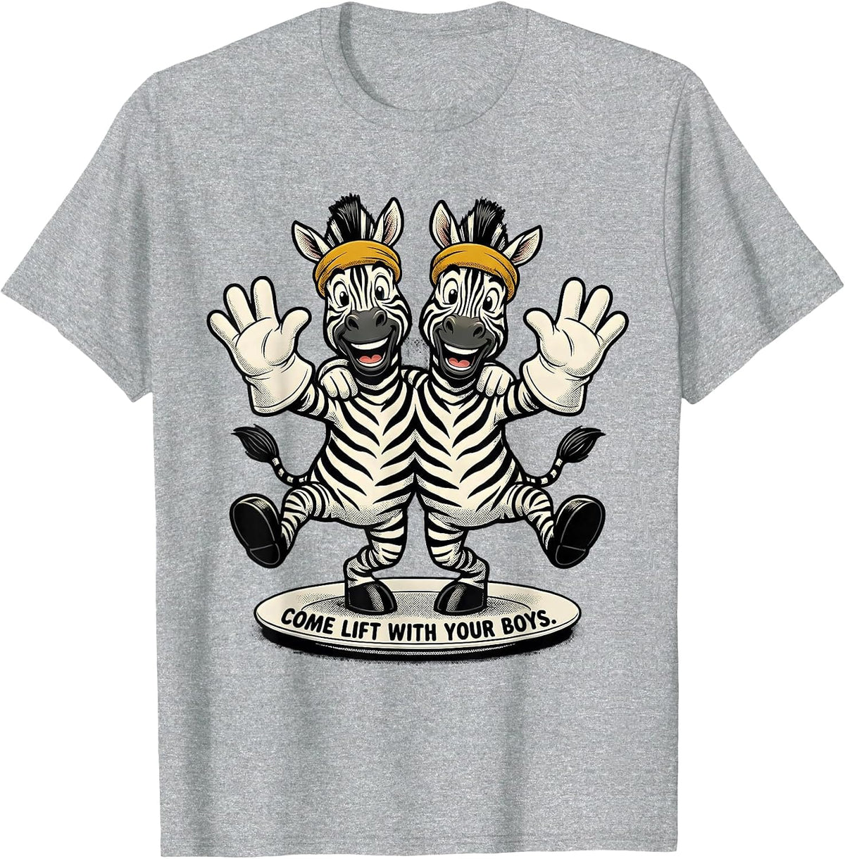 Men's Come Lift With Your Boys Retro Cartoon Zebra Duo Gym Humor T-Shirt - Heather Grey