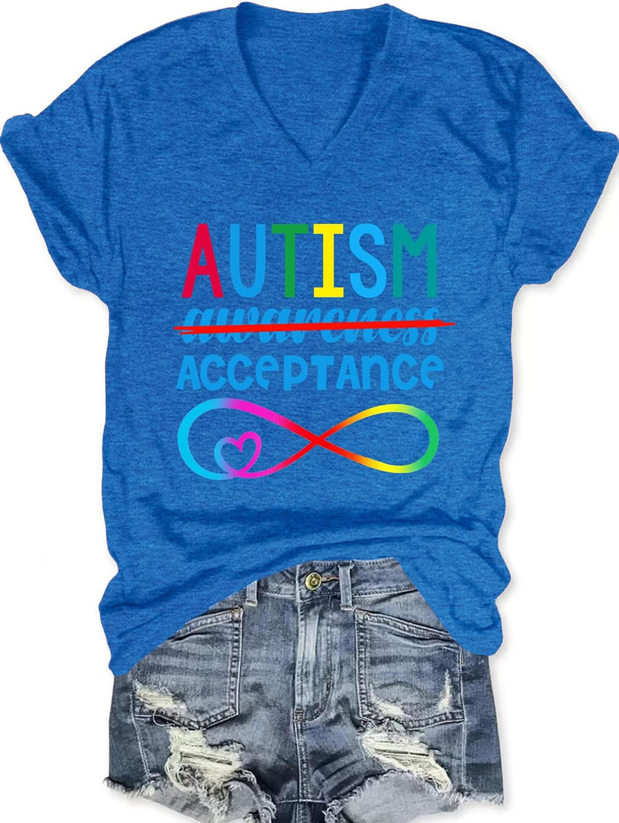 Autism Awareness Shirts for Women: Blue Ribbon Print T-Shirt Vneck Autistic Support Blouse Tees - Blue1