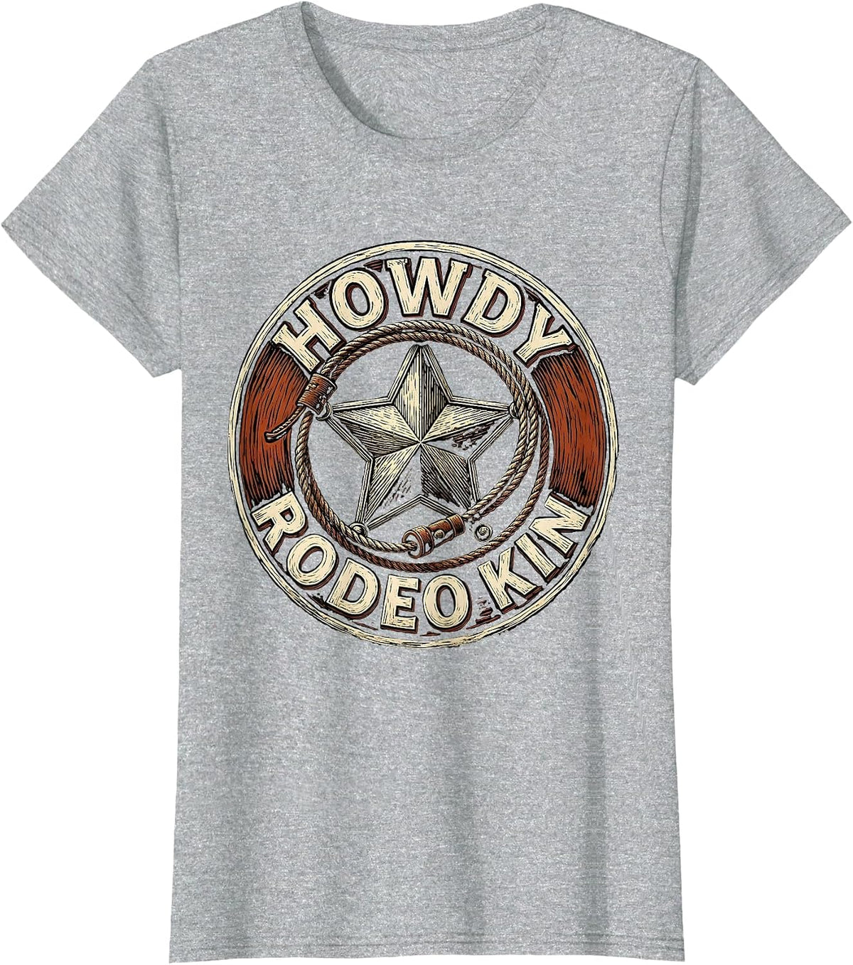 Women's Howdy, Rodeo Kin Western Cowboy Cowgirl Pride Badge T-Shirt - Heather Grey
