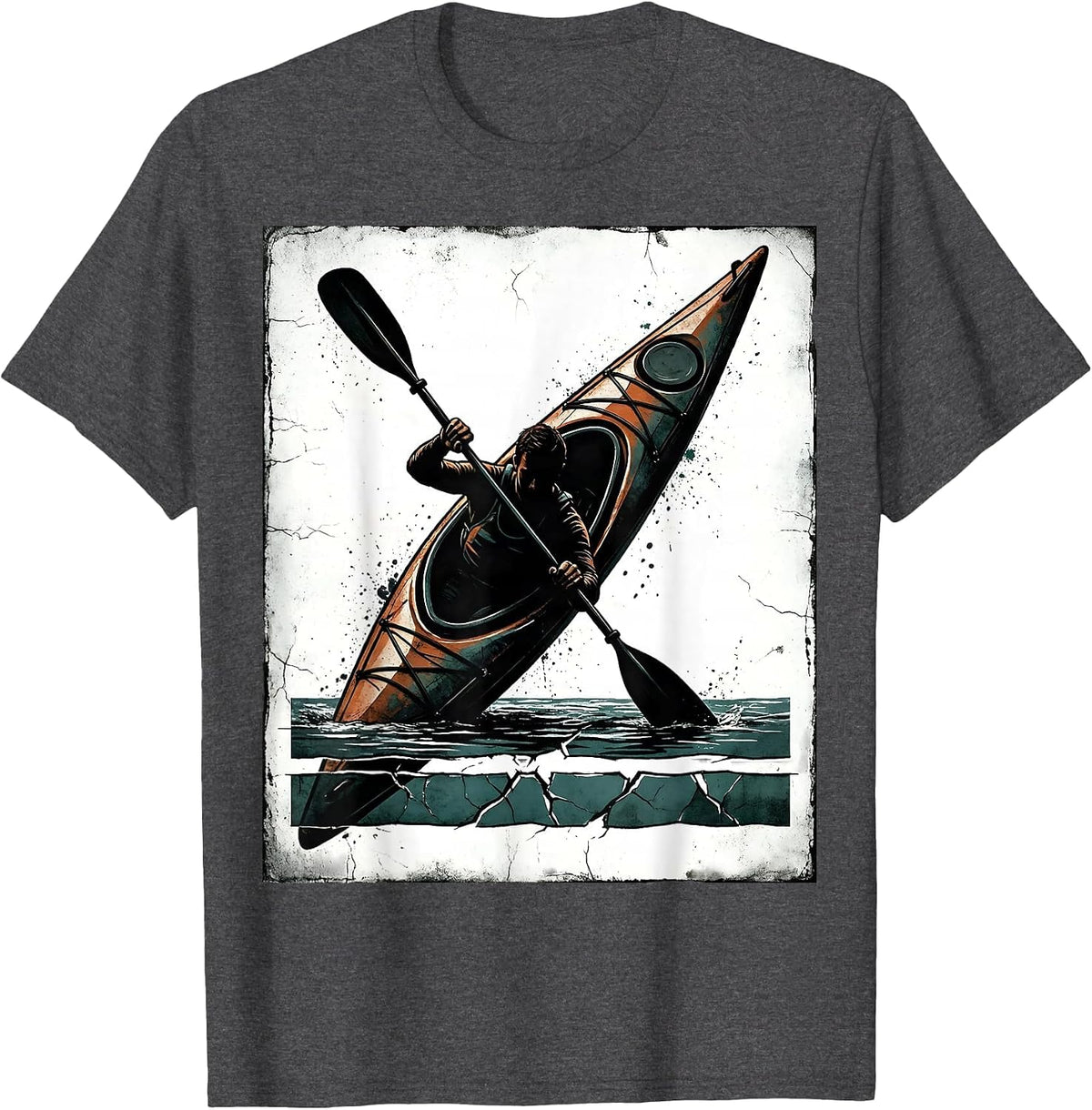 Men's Leaning Kayaker Distressed Humor Kayak Lover T-Shirt - Dark Heather Grey