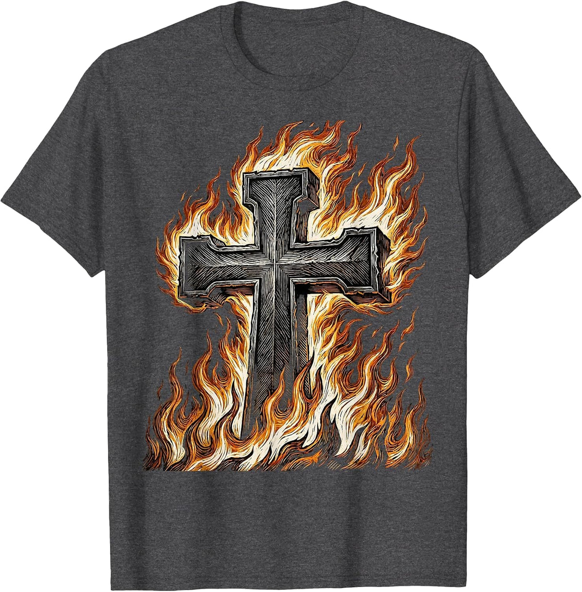 Iron Cross Engulfed in Flames Graphic Design T-Shirt - Dark Heather Grey