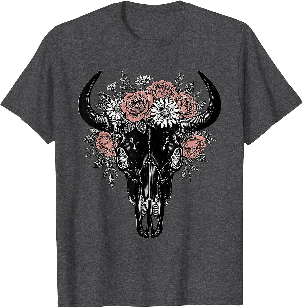 Men's Longhorn Skull Flower Crown Boho Western Graphic T-Shirt - Dark Heather Grey
