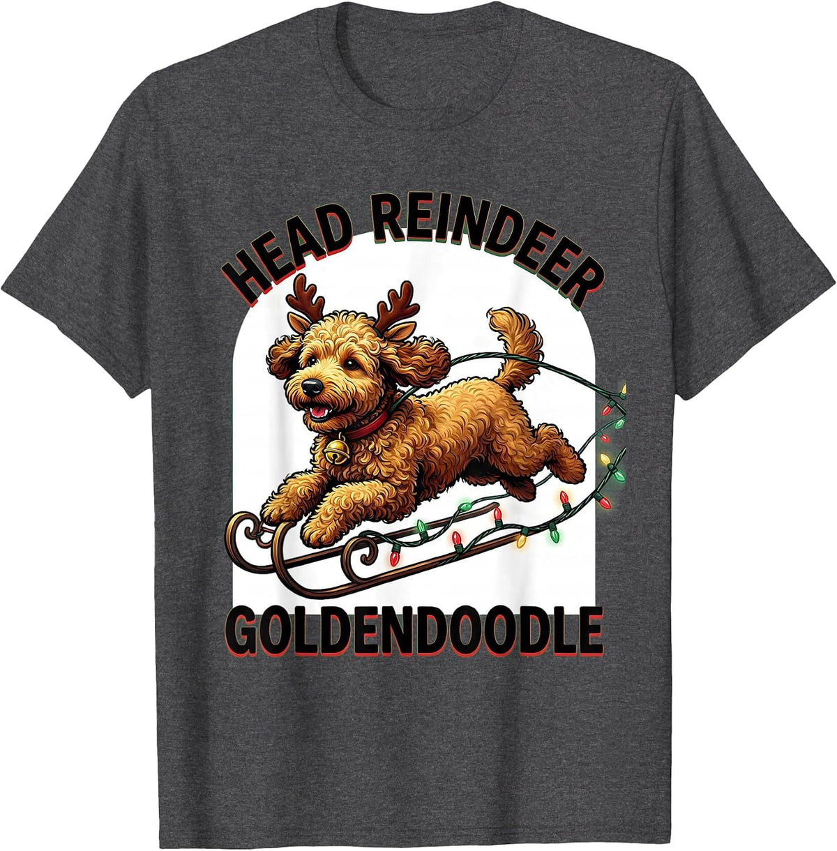 Head Reindeer Goldendoodle Funny Dog Breed Christmas Lights T-Shirt - Dark Heather Grey