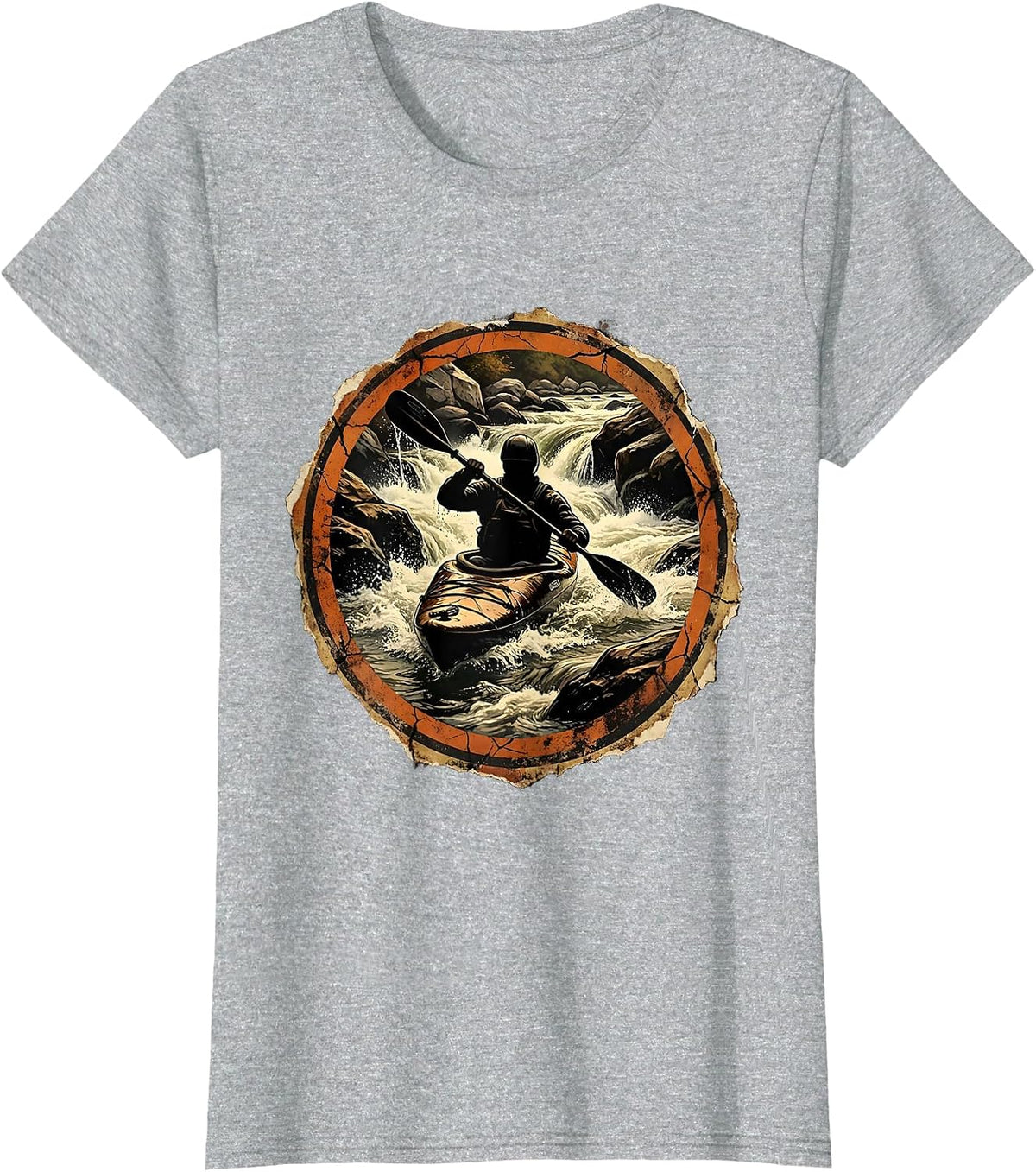 Kayaker Paddling Through Rocky River Rapids T-Shirt - Heather Grey