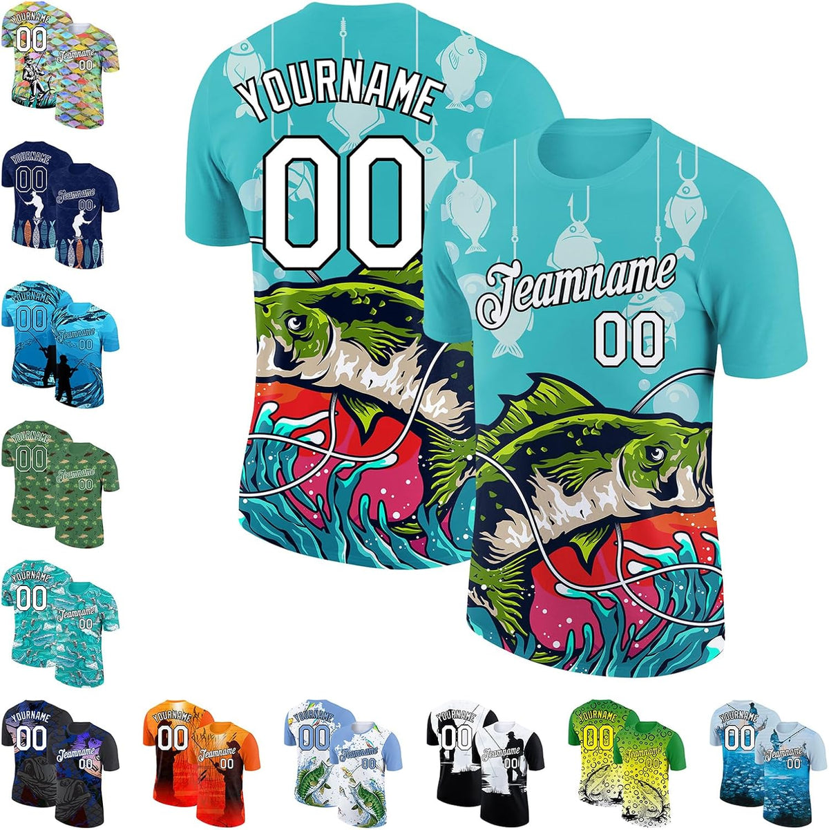 Custom Fishing Jersey Short Sleeve Fish Graphic T-Shirts Personalized Sun Protection Breathable Sports Tees Unisex - Aqua