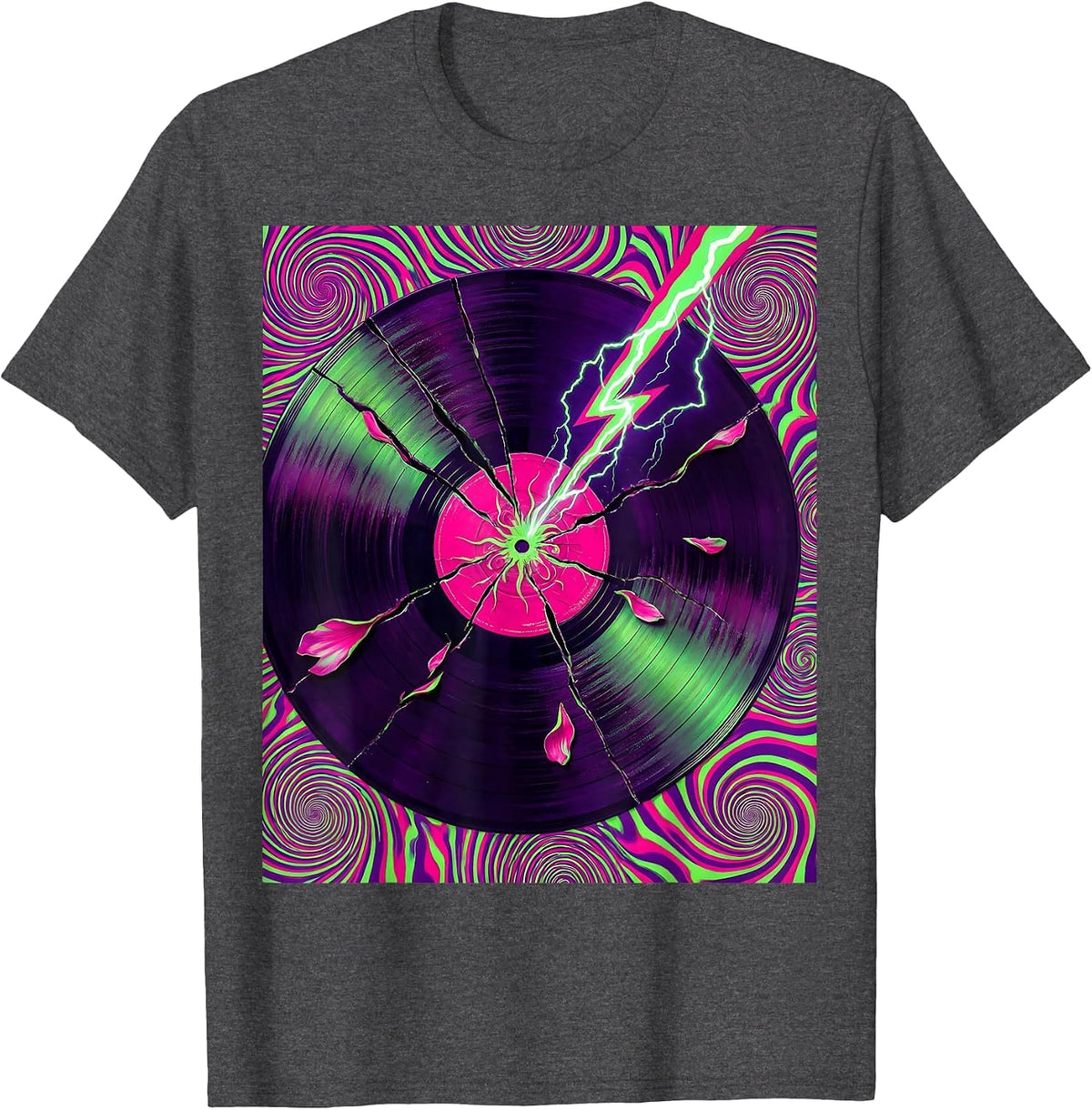 80s Lightning Bolt Cracking Vinyl Record Graphic T-Shirt - Dark Heather Grey
