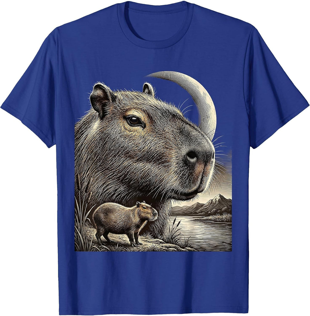 Capybara Double-Exposure Moonlit Spirit Portrait T-Shirt - Royal Blue