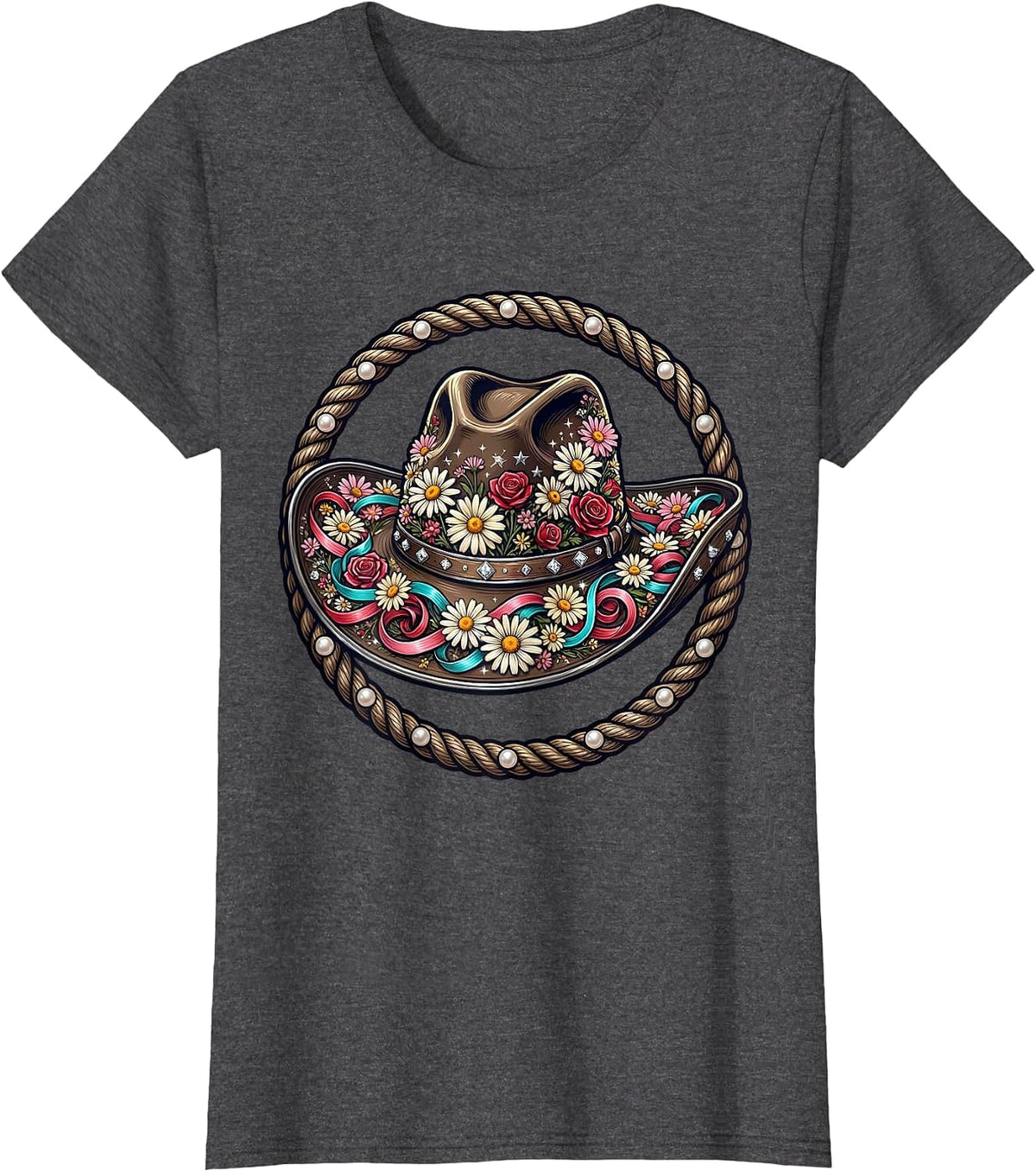 Women's Wildflower Cowgirl Hat Western Graphic T-Shirt - Dark Heather Grey