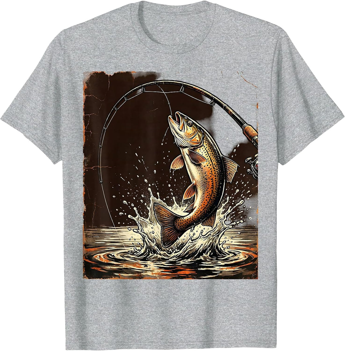 Men's Fishing Rod Bent Leaping Trout Camping Graphic T-Shirt - Heather Grey