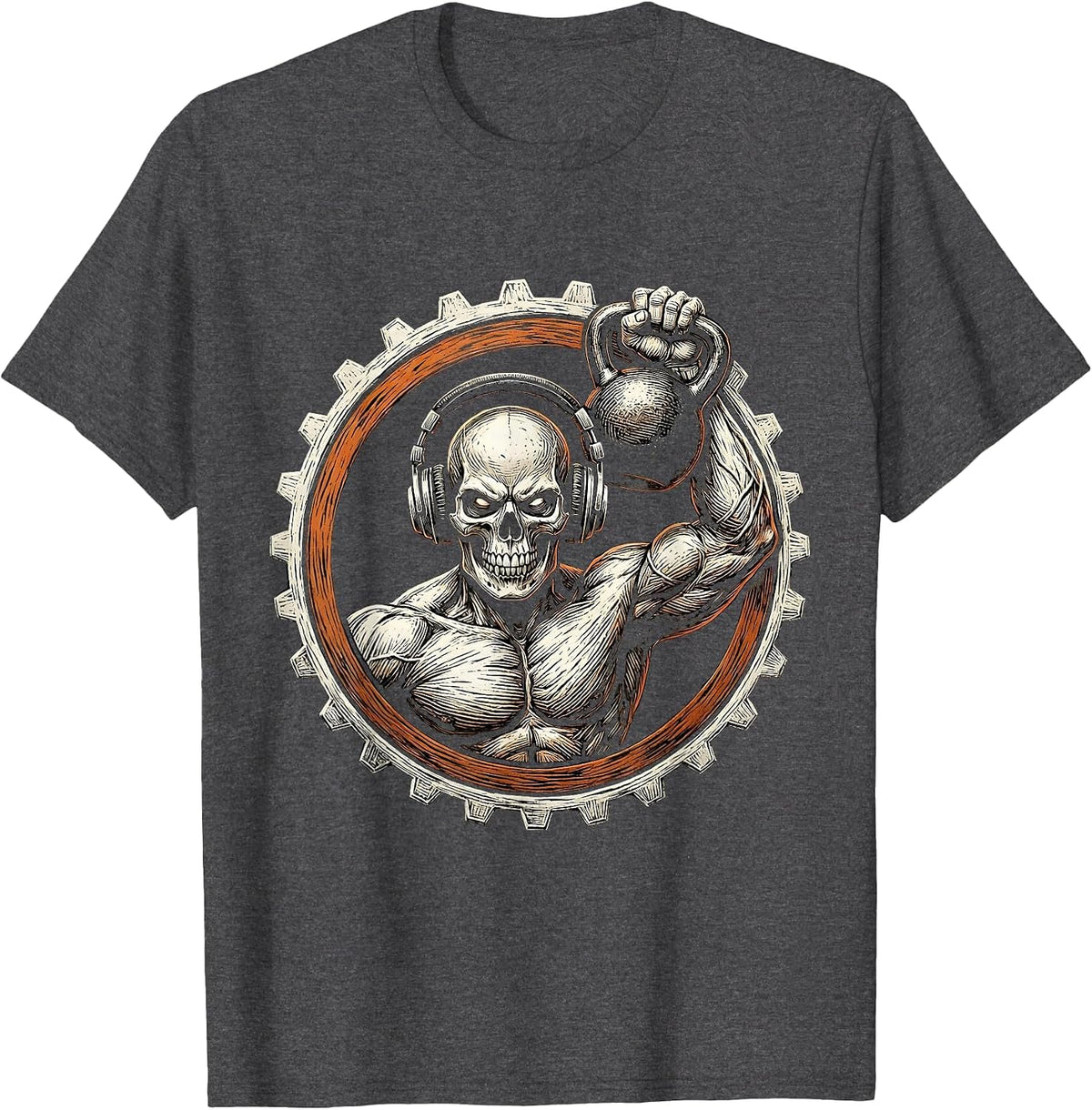 Skull Headphones Kettlebell Workout Graphic T-Shirt - Dark Heather Grey