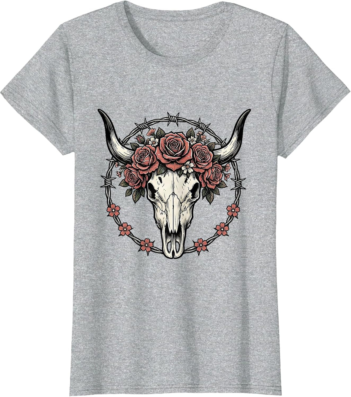 Longhorn Skull Flower Crown Western Cowgirl Graphic T-Shirt - Heather Grey