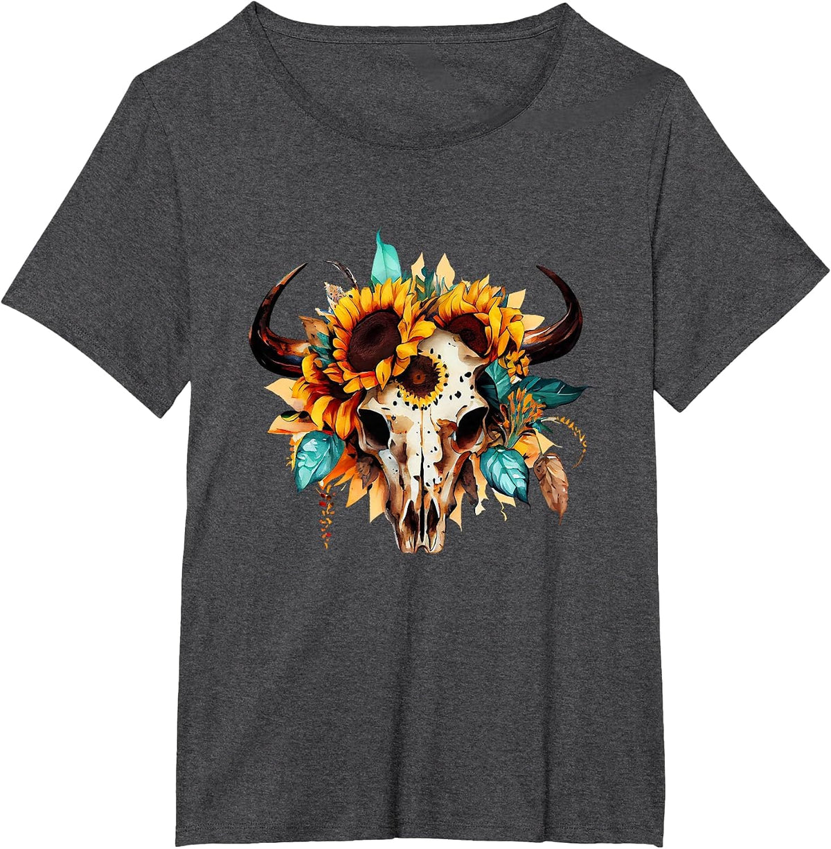 Boho Cow Skull Sunflower Vintage Western Aztec Cute Cowskull T-Shirt - Dark Heather Grey