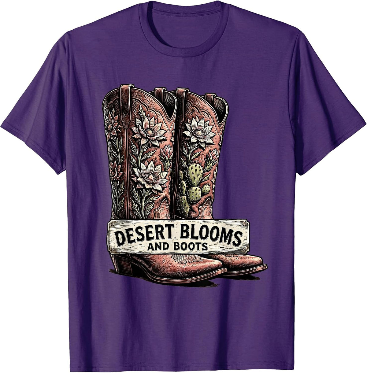 Desert Blooms and Boots Western Nature Design T-Shirt - Purple