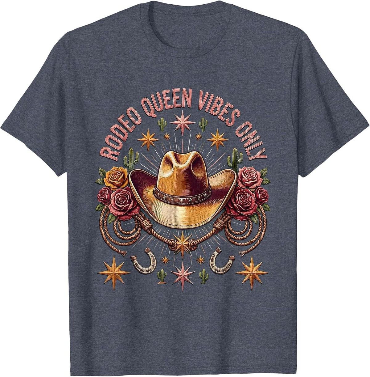 Rodeo Queen Vibes Only Cowgirl Design T-Shirt - Heather Blue